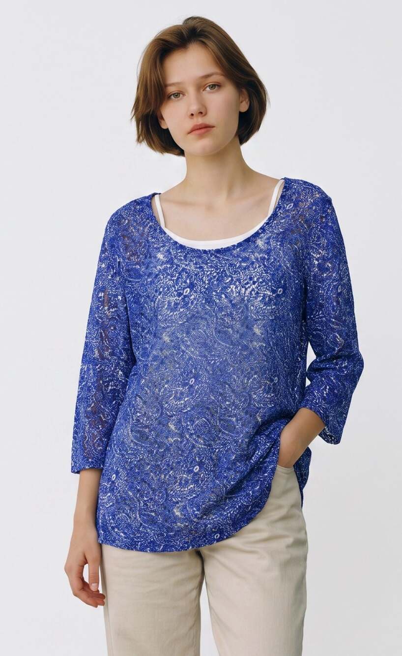 JM Collection Women's Blue Paisley Print 3/4 Sleeve Scoopneck Top